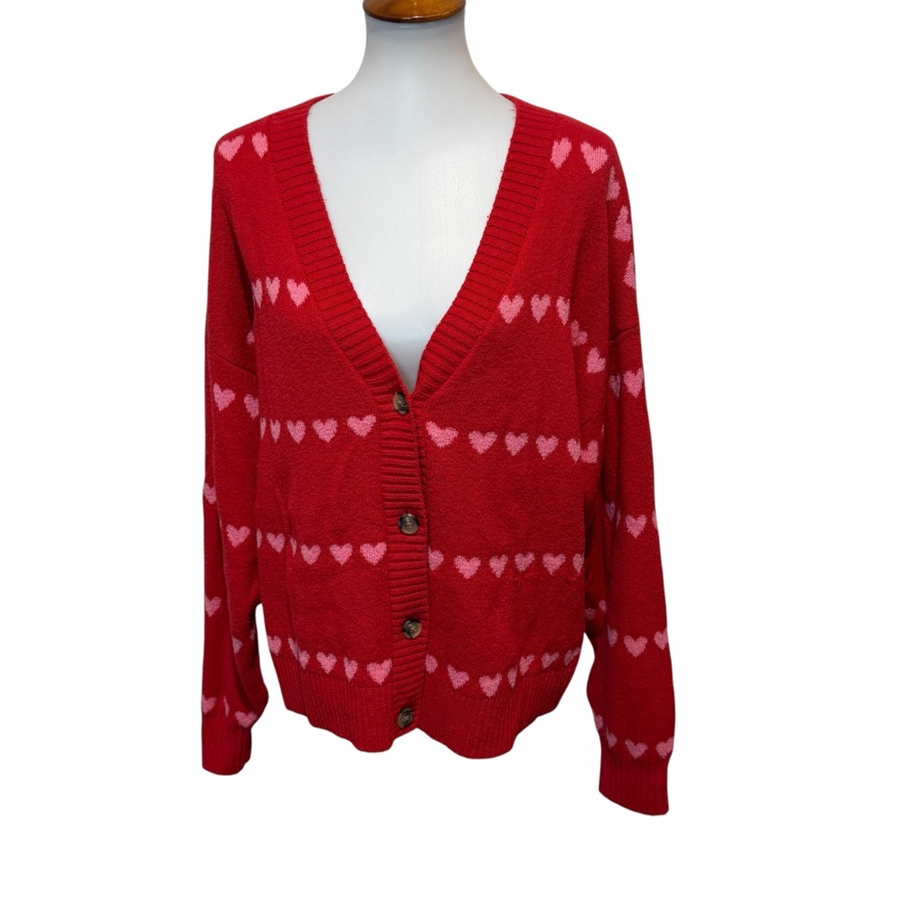 Old Navy Red Cardigan Sweater with Pink Heart Pattern